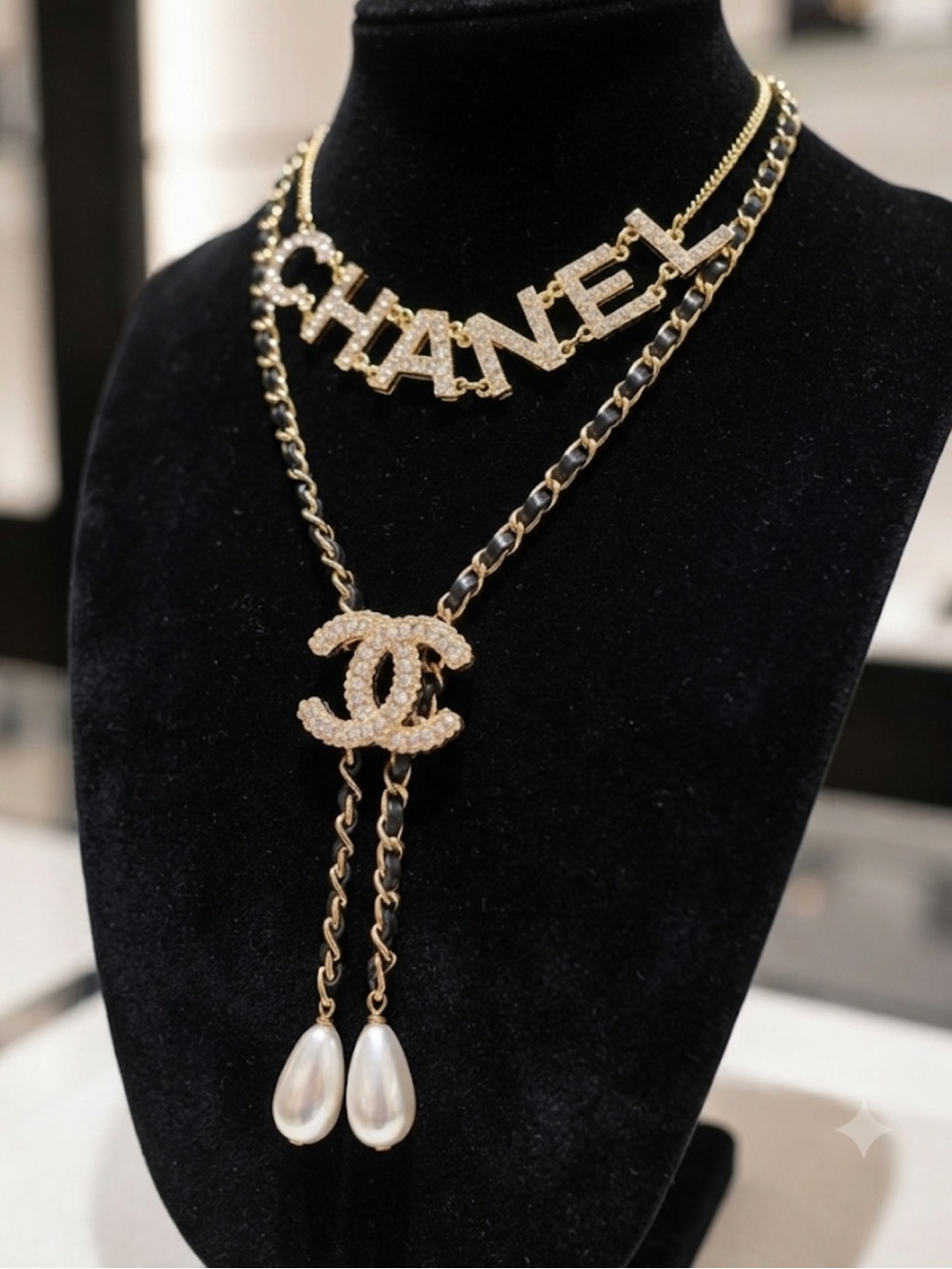 Fashion Jewelry Gold-Tone Crystal Logo Layered Necklace with Pearl Drops